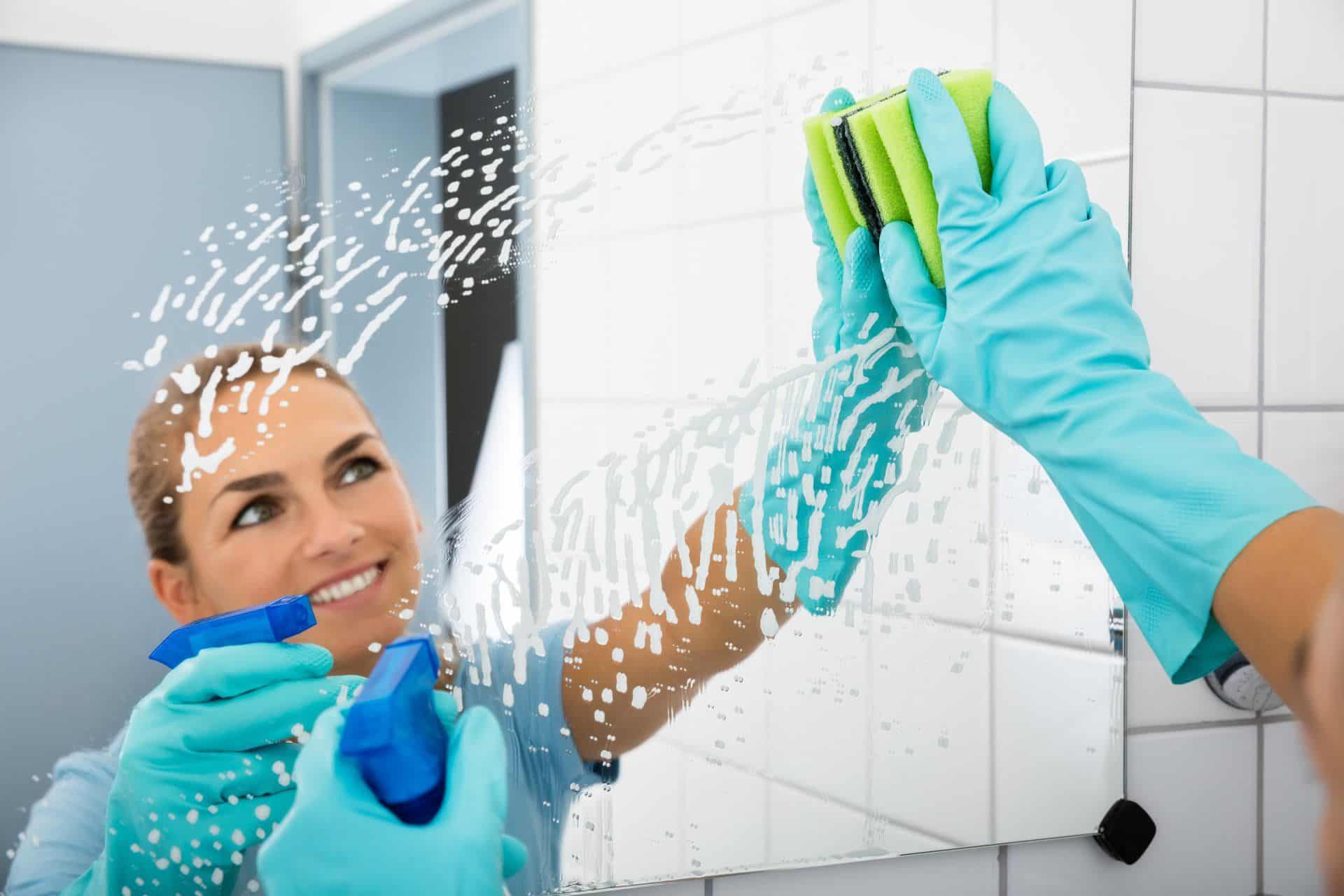 woman smiling and cleaning mirror