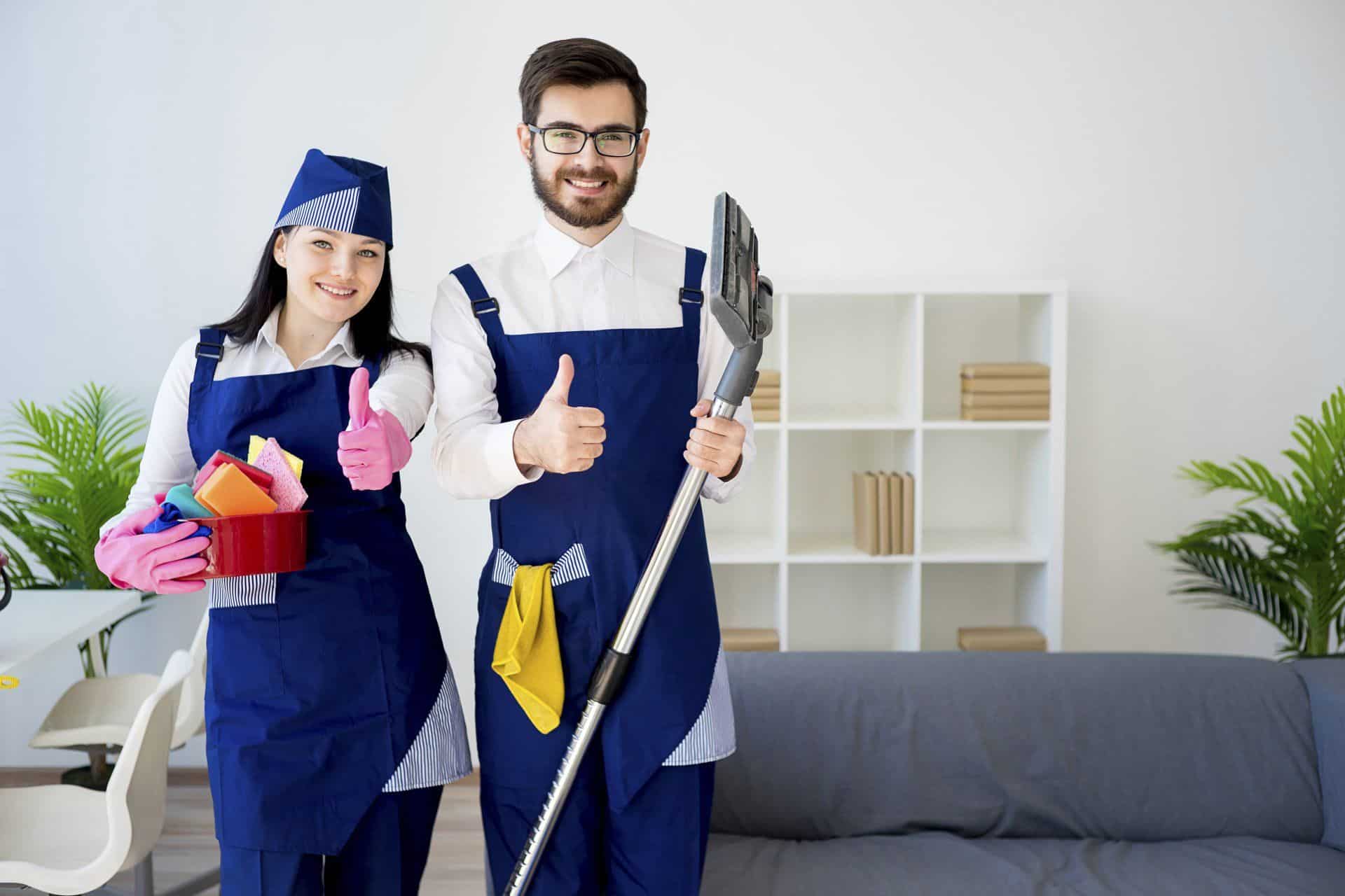 two smiling cleaning professionals