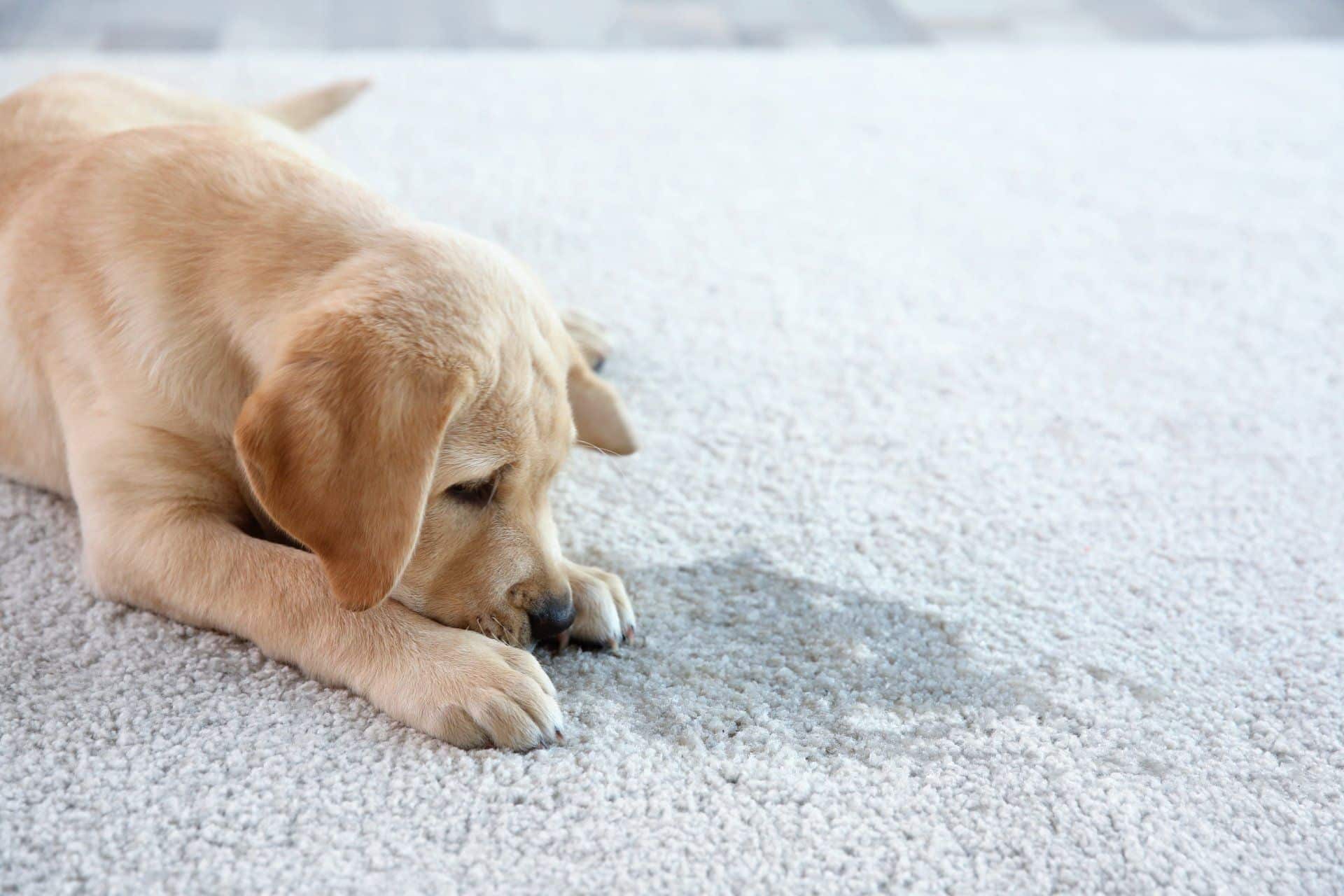 How to Remove Set-In Stains in Your Carpet 3 yellow lab puppy smelling a spill on carpet