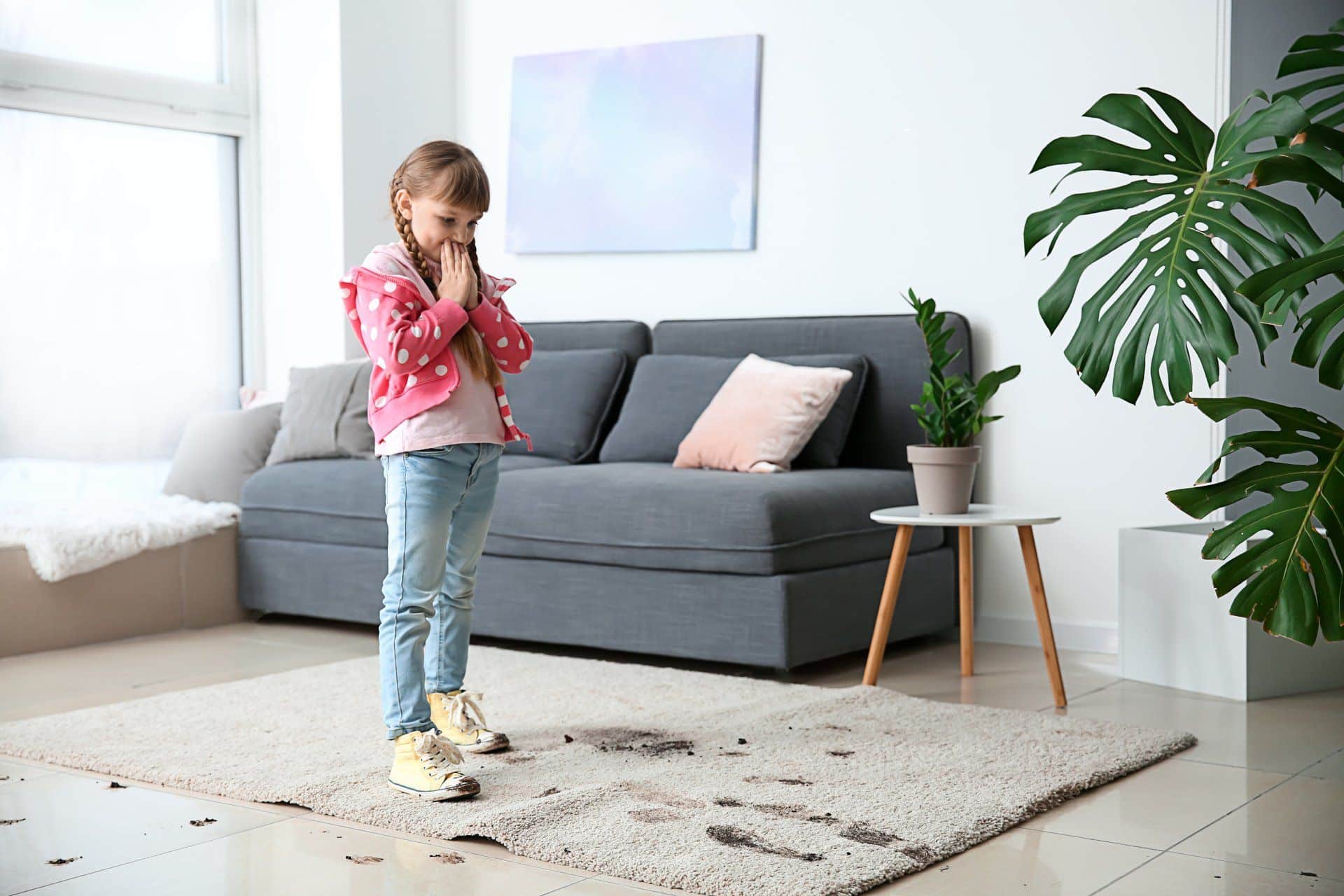 How Often Should You Clean Your Carpets? 3 little girl feeling bad about leaving muddy footprints in rug. how often should you clean your carpets?