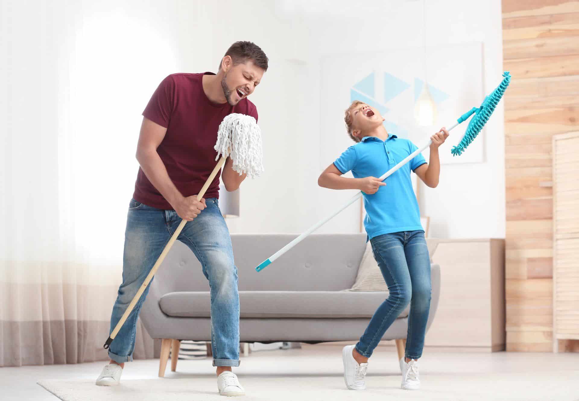 How Often You Should Really Be Dusting Your Home 4 father and son having fun while sweeping and mopping