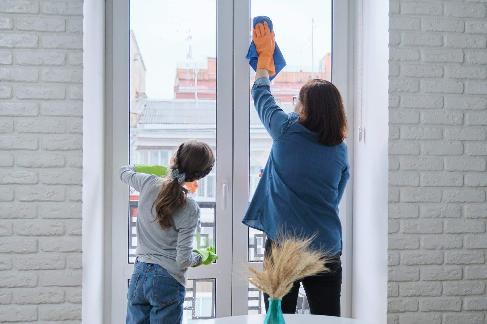 9 Things You Can Clean While Working Remotely 5 mom and daughter cleaning windows together