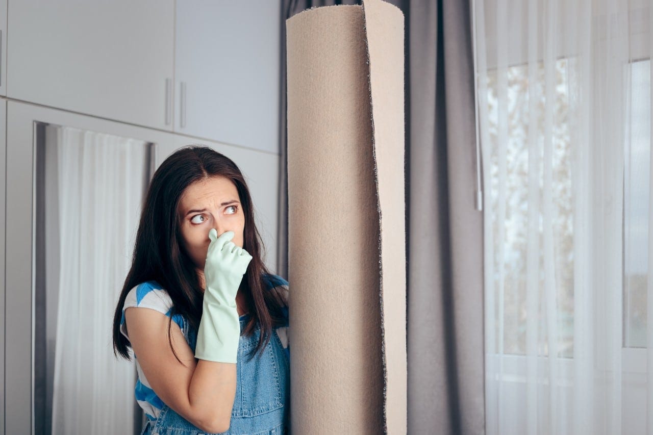 Woman Next to a Stinky Carpet Covering Her Nose. Removing Stubborn Odors