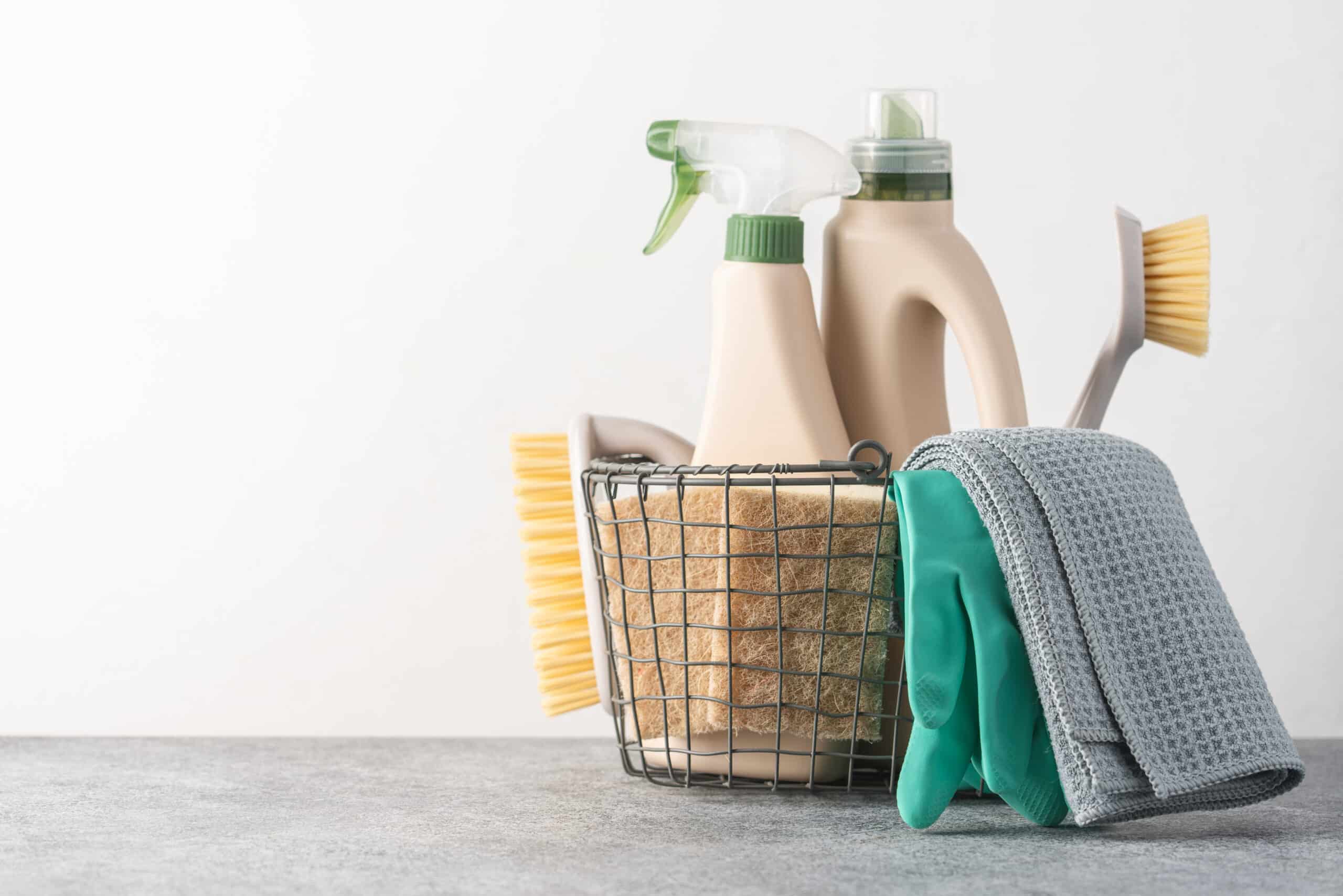 4 Products That Do the Hard Cleaning for You 1 hard cleaning products - Brushes, sponges, rubber gloves and natural cleaning products in the basket. Eco-friendly cleaning products