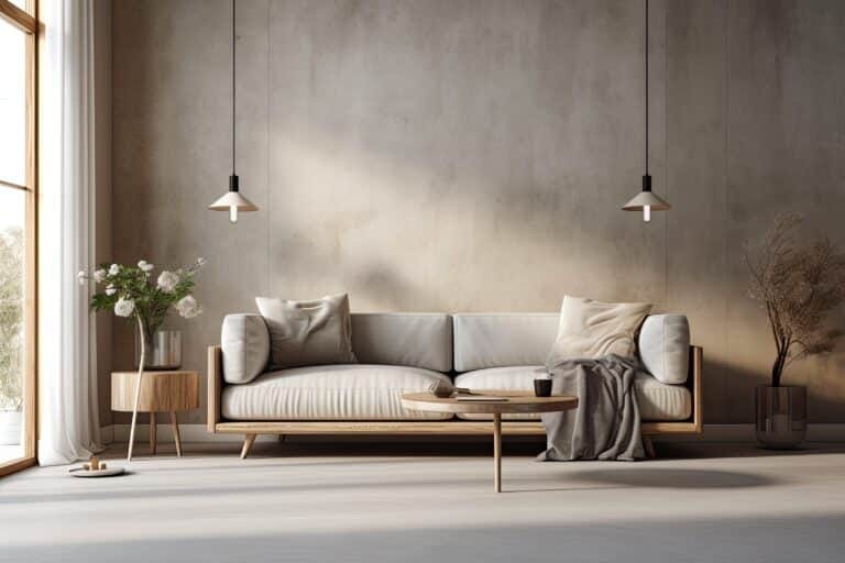 Background interior of living room with light colored concrete walls, sofa, and table. Generative AI