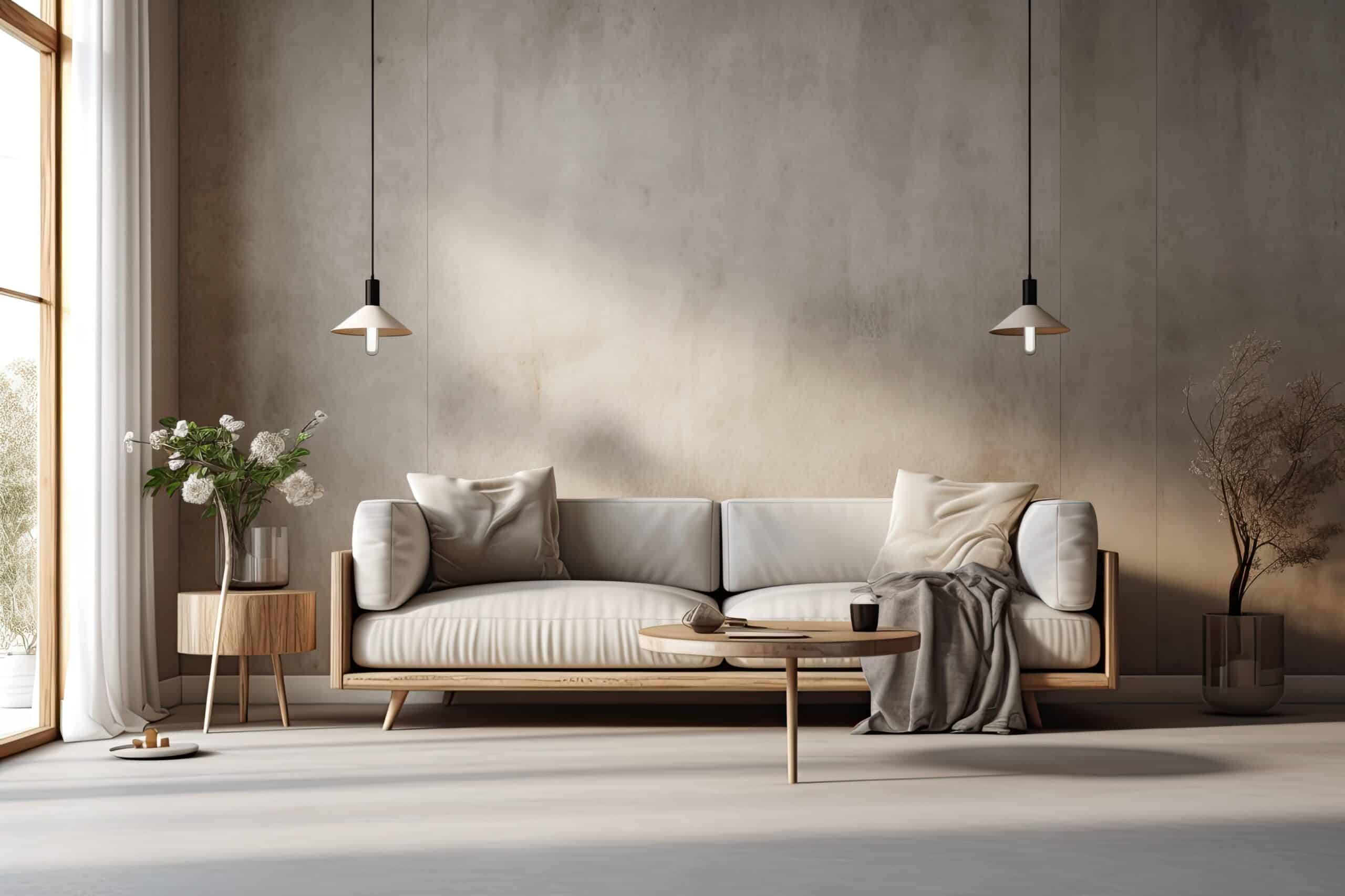 Background interior of living room with light colored concrete walls, sofa, and table. Generative AI