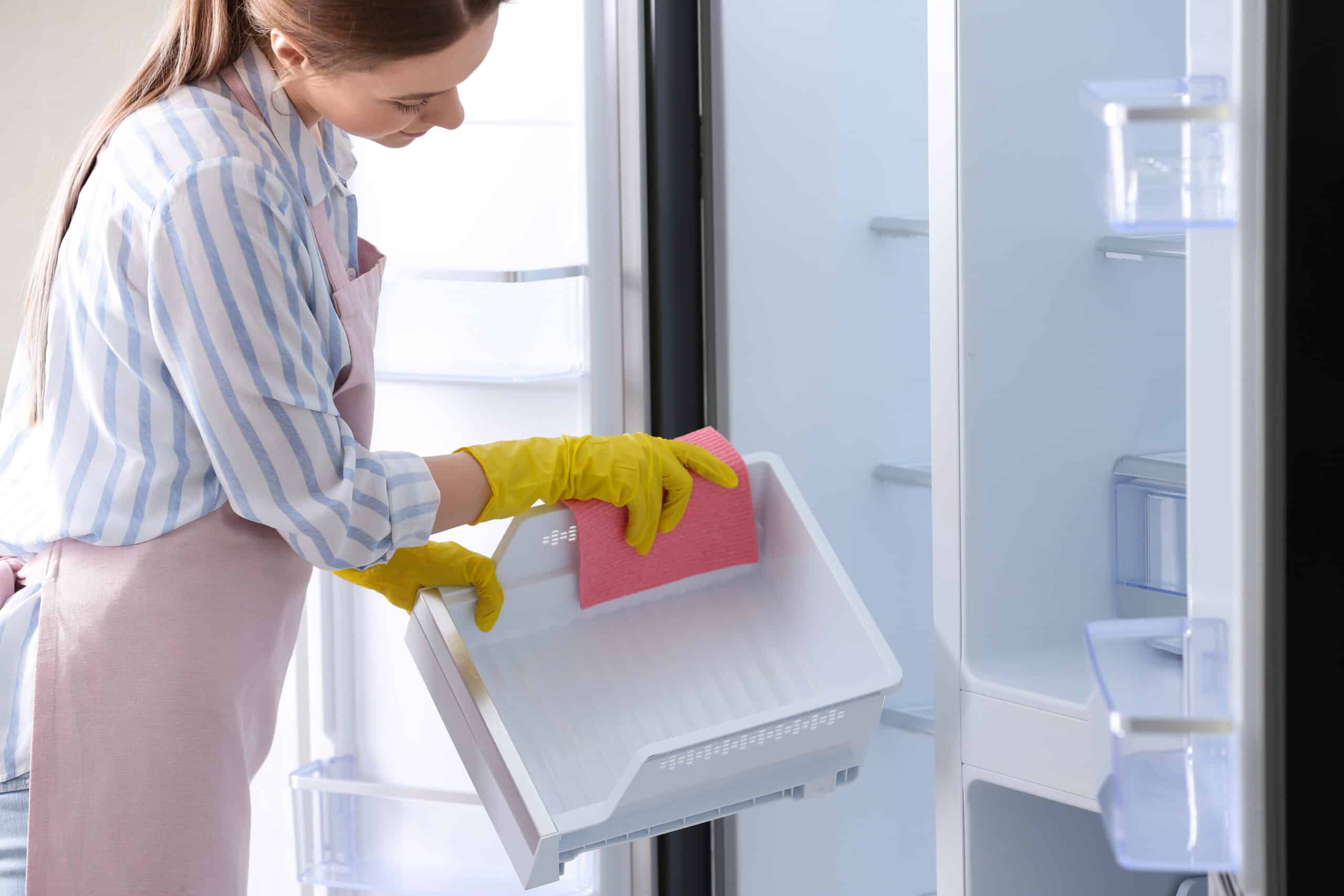 Clean and Organized Fridge - Woman in rubber gloves cleaning refrigerator, closeup